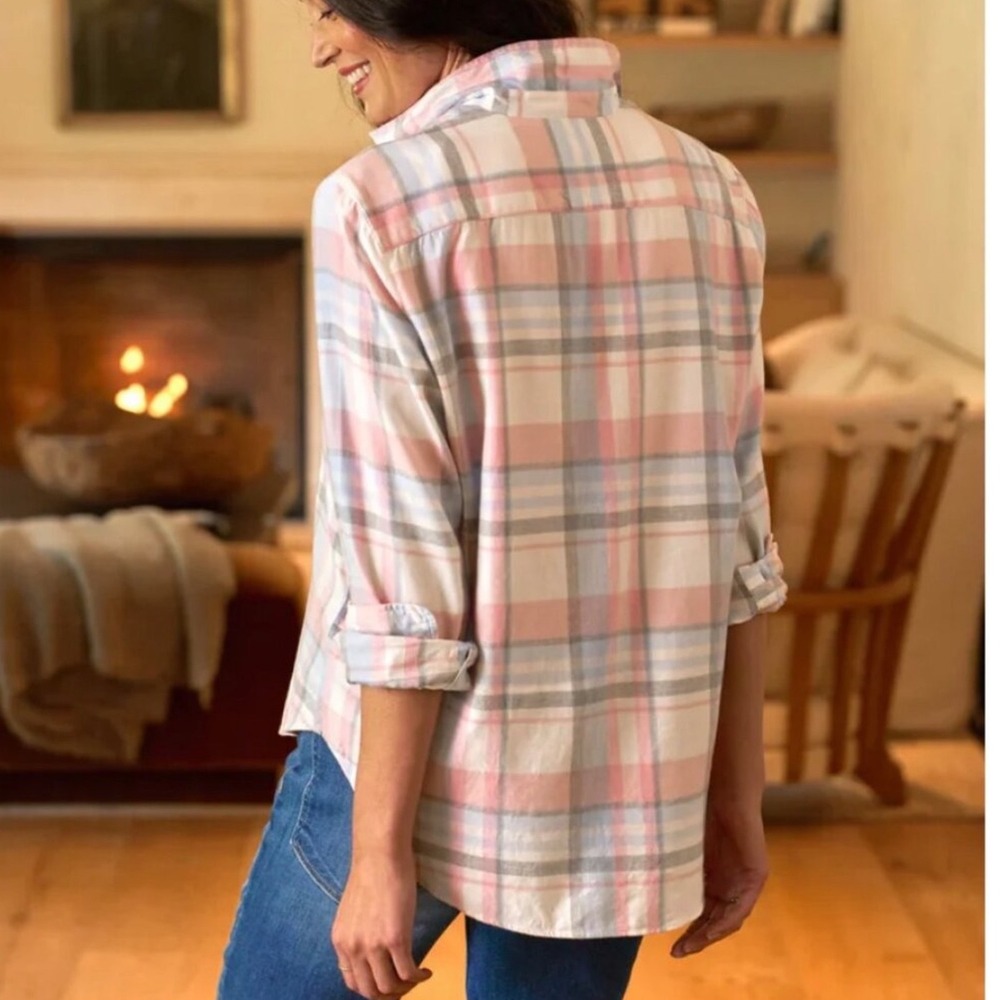 Frank & Eileen Eileen Italian Cashmere Touch Plaid Shirt Pink Blue Gray Small - Picture 6 of 10